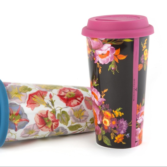 MacKenzie-Childs Black Flower Market Travel Cup FREE SHIPPING - Picture 3 of 5